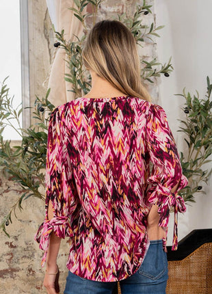 Sew In Love Full Size Printed V-Neck Blouse with Sleeve Knot - MimiStylez