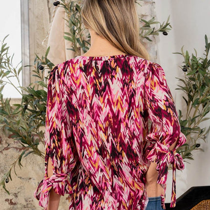 Sew In Love Full Size Printed V-Neck Blouse with Sleeve Knot - MimiStylez