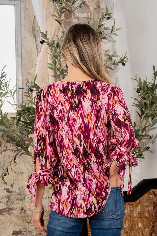 Sew In Love Full Size Printed V-Neck Blouse with Sleeve Knot - MimiStylez