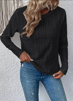 Eyelet Round Neck Long Sleeve Blouse - MimiStylez