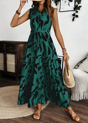 Printed Tie Waist Sleeveless Maxi Dress - MimiStylez
