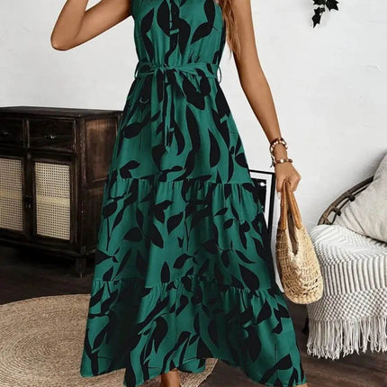 Printed Tie Waist Sleeveless Maxi Dress - MimiStylez