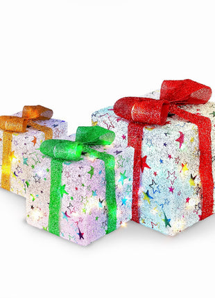 Star-Deer Pattern Options -- Set Of 3 Christmas Lighted Gift Boxes Xmas Present Ornament 50 LED Christmas Box Decorations With Ribbon Bows IP44 Waterproof Battery Powered For Indoor Outdoor Decor