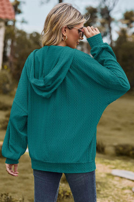 Drawstring Zip Up Dropped Shoulder Hoodie - MimiStylez