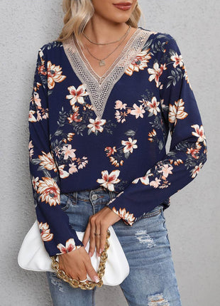 Printed V-Neck Long Sleeve Blouse - MimiStylez