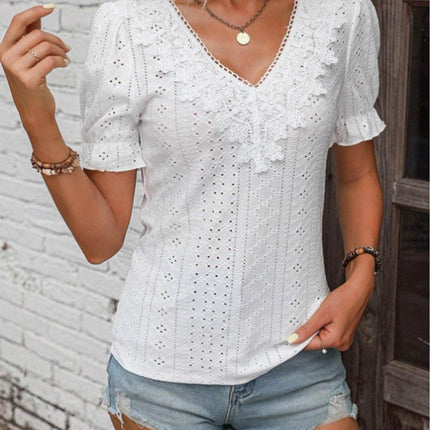 Eyelet Lace Detail V-Neck Flounce Sleeve Blouse - MimiStylez