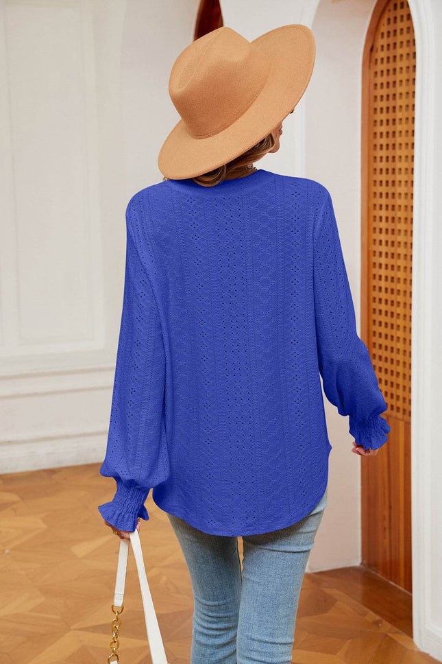 Notched Neck Flounce Sleeve Blouse - MimiStylez