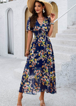 Smocked Floral V-Neck Short Sleeve Dress - MimiStylez