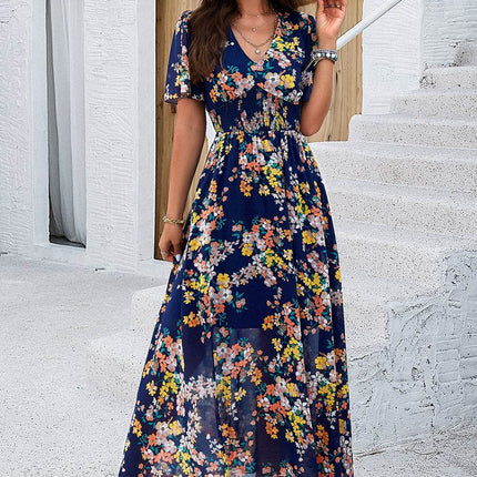 Smocked Floral V-Neck Short Sleeve Dress - MimiStylez