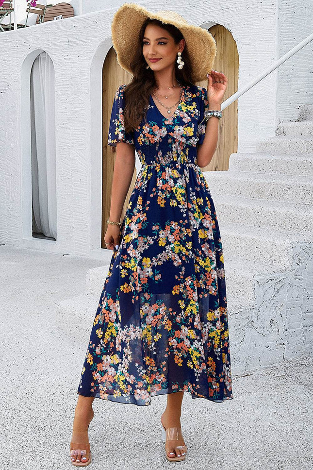 Smocked Floral V-Neck Short Sleeve Dress - MimiStylez