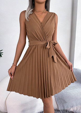 Tied Surplice Sleeveless Pleated Dress - MimiStylez