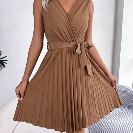 Tied Surplice Sleeveless Pleated Dress - MimiStylez
