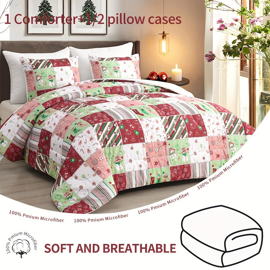 All-Season Plaid Comforter Set with Pillow Cases, Christmas Pattern, Lightweight Ultra-Soft Microfiber Fill, Quilted Polyester Cover, Machine Washable, Digital Print Bedding Collection