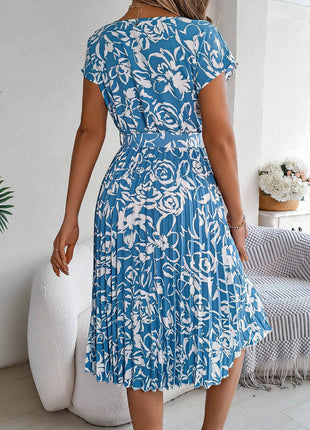 Tied Pleated Printed Short Sleeve Dress - MimiStylez