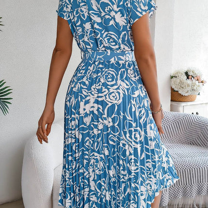 Tied Pleated Printed Short Sleeve Dress - MimiStylez