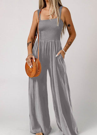 Smocked Square Neck Wide Leg Jumpsuit with Pockets - MimiStylez