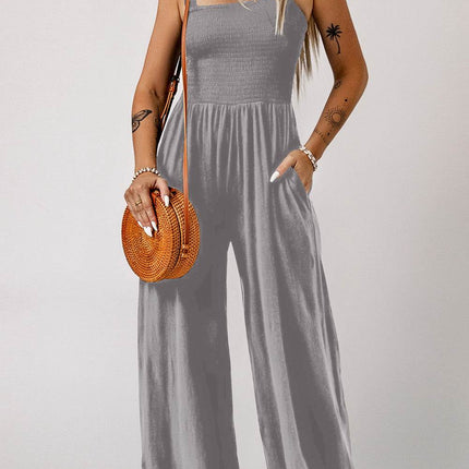 Smocked Square Neck Wide Leg Jumpsuit with Pockets - MimiStylez