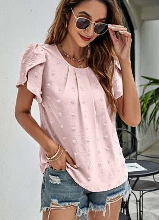 Swiss Dot Round Neck Petal Sleeve Top - MimiStylez
