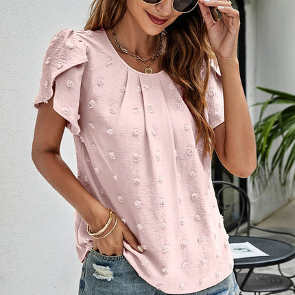 Swiss Dot Round Neck Petal Sleeve Top - MimiStylez