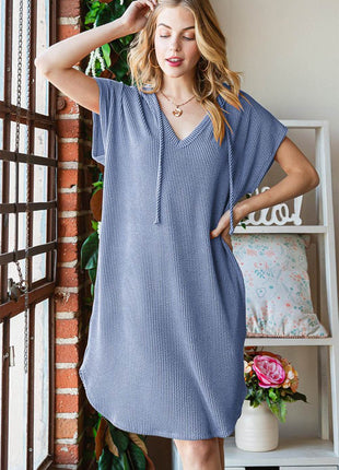 Heimish Full Size Ribbed Short Sleeve Hooded Dress - MimiStylez