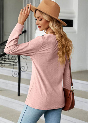 Notched Neck Long Sleeve Buttoned Blouse - MimiStylez