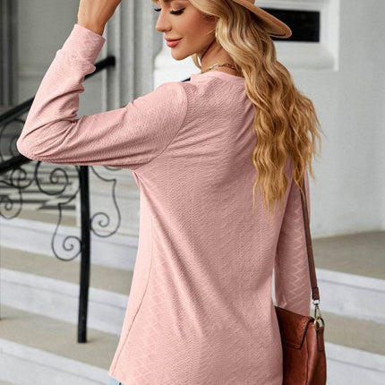 Notched Neck Long Sleeve Buttoned Blouse - MimiStylez