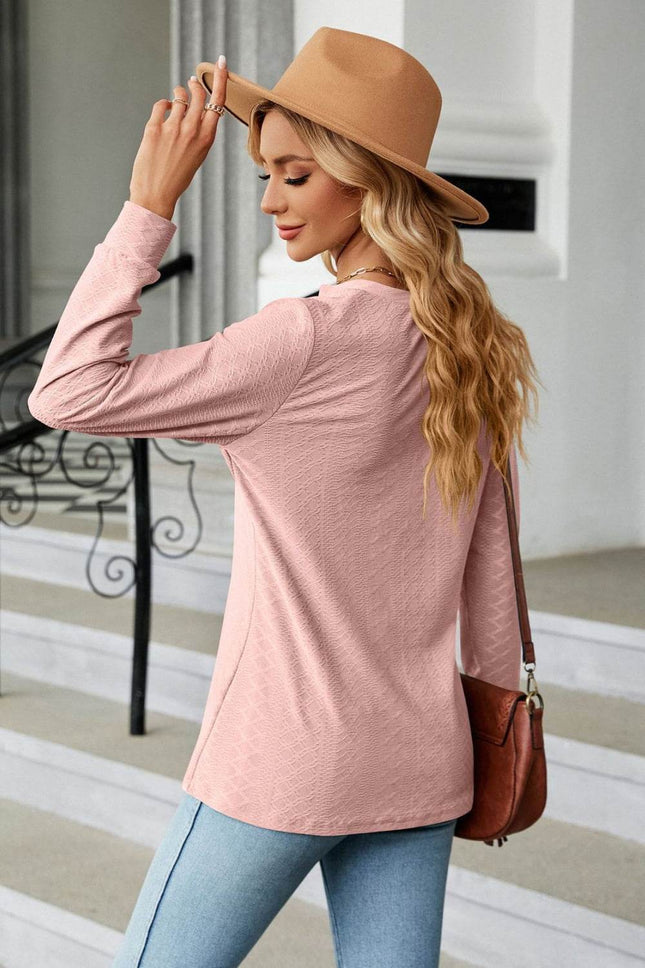 Notched Neck Long Sleeve Buttoned Blouse - MimiStylez