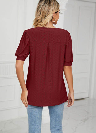 Eyelet Short Puff Sleeve Notched Neck Top - MimiStylez