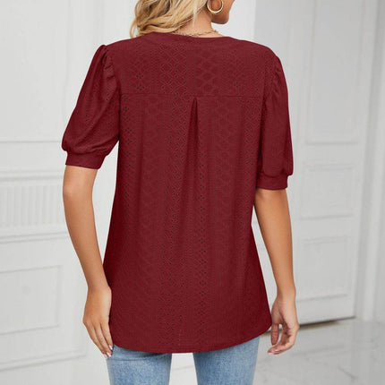 Eyelet Short Puff Sleeve Notched Neck Top - MimiStylez