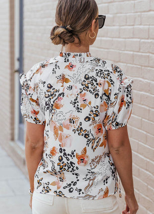 Ruffled Leopard Tie Neck Short Sleeve T-Shirt - MimiStylez