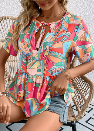 Printed Tie Neck Short Sleeve Blouse - MimiStylez