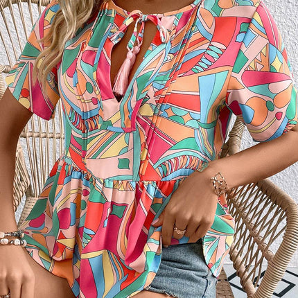Printed Tie Neck Short Sleeve Blouse - MimiStylez