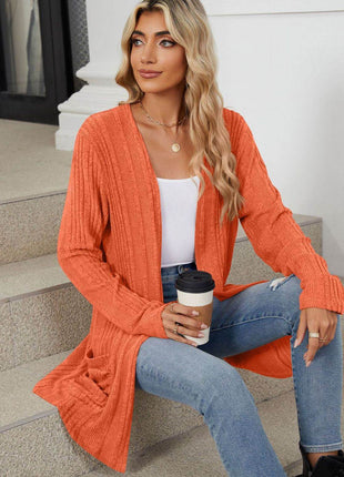 Pocketed Open Front Long Sleeve Cardigan - MimiStylez