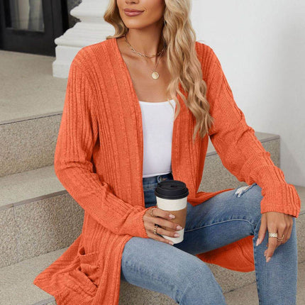 Pocketed Open Front Long Sleeve Cardigan - MimiStylez