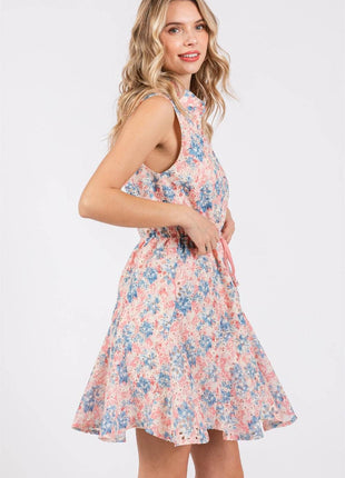 GeeGee Full Size Floral Eyelet Sleeveless Mini Dress - MimiStylez