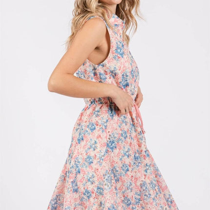 GeeGee Full Size Floral Eyelet Sleeveless Mini Dress - MimiStylez