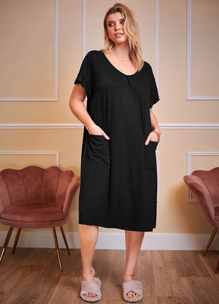Plus Size Round Neck Short Sleeve Lounge Dress - MimiStylez