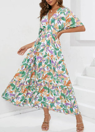 Floral Print V-neck Boho Midi Dress - MimiStylez