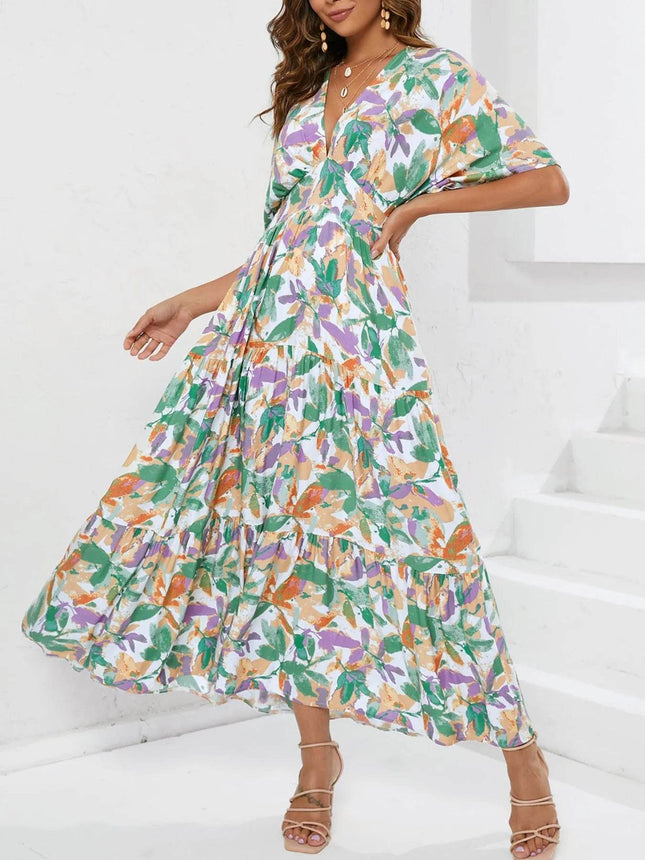 Floral Print V-neck Boho Midi Dress - MimiStylez