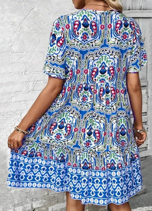 Printed Tie Neck Short Sleeve Dress - MimiStylez