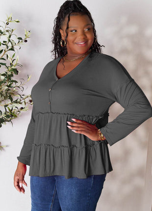 Double Take Half Button Long Sleeve Ruffle Hem Blouse - MimiStylez