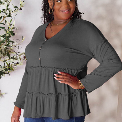 Double Take Half Button Long Sleeve Ruffle Hem Blouse - MimiStylez
