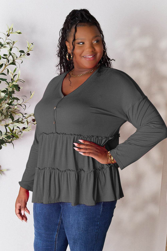 Double Take Half Button Long Sleeve Ruffle Hem Blouse - MimiStylez