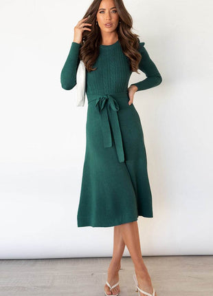 Round Neck Long Sleeve Tie Waist Sweater Dress - MimiStylez