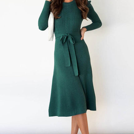 Round Neck Long Sleeve Tie Waist Sweater Dress - MimiStylez