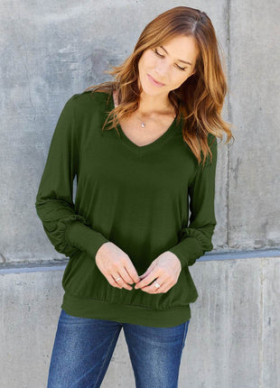 Basic Bae Full Size V-Neck Lantern Sleeve Blouse - MimiStylez