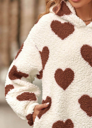 Fuzzy Heart Pocketed Dropped Shoulder Hoodie - MimiStylez
