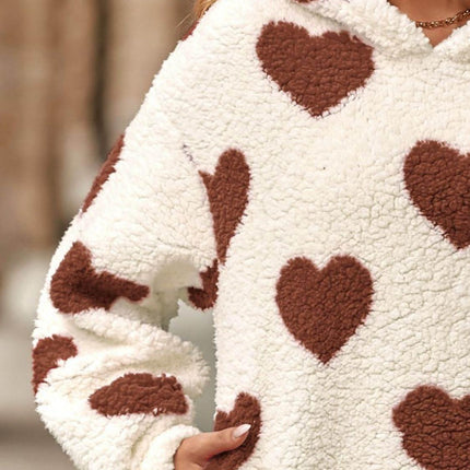 Fuzzy Heart Pocketed Dropped Shoulder Hoodie - MimiStylez