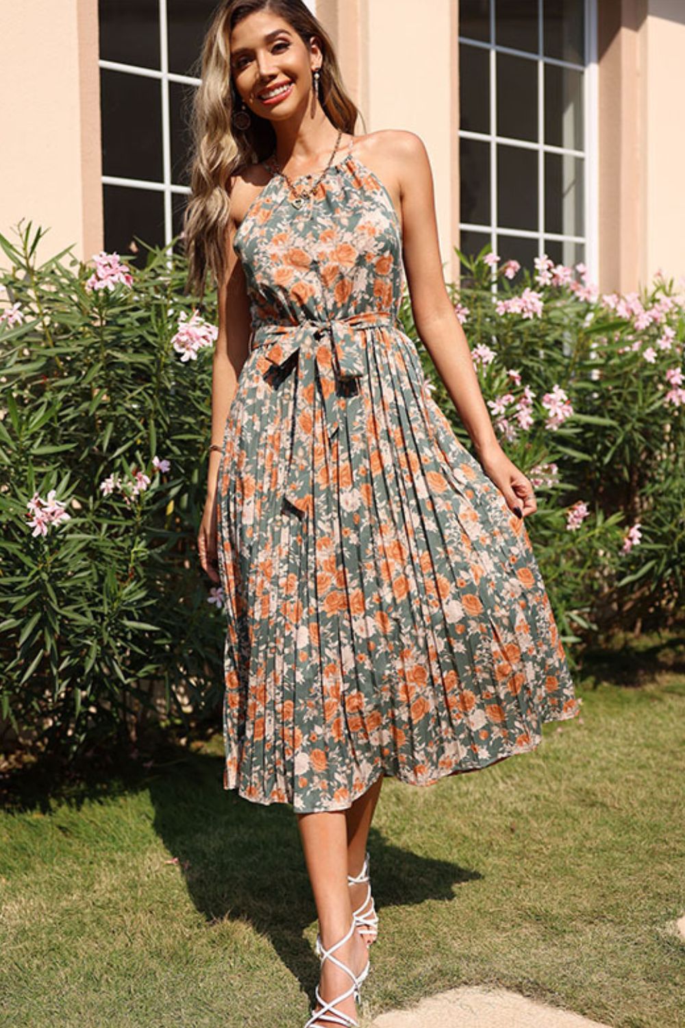 Floral Tie Waist Pleated Dress