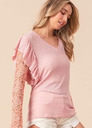 BiBi Ruffled Lace Sleeve Rib Knit Top - MimiStylez